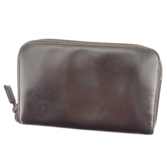 Prada Purse logo Brown Silver Men Auth T9645